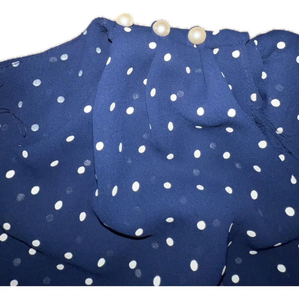 💥Vintage Sears Navy White Polka Dot Dress Overlay Sheer Elastic Waist Summer 16 - Picture 3 of 9